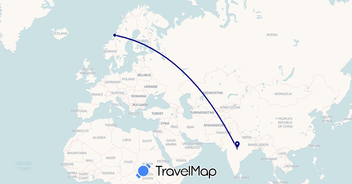 TravelMap itinerary: driving in India, Norway (Asia, Europe)